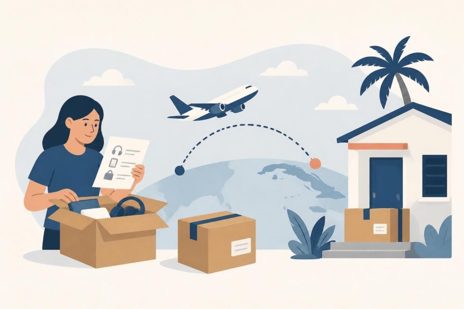 Persona gestiona un paquete que viaja en avión para ser entregado en una vivienda cubana.