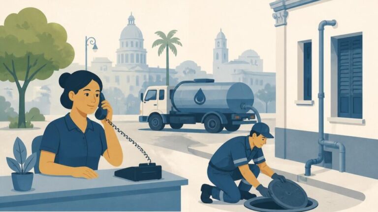 Trabajadora y técnico gestionan un servicio de agua y saneamiento junto a una vivienda urbana.