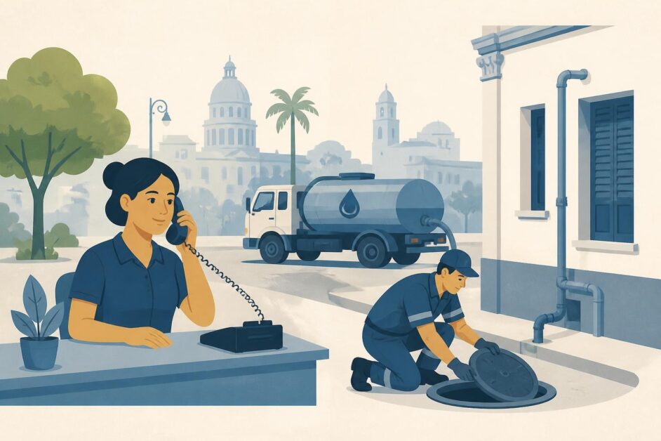 Trabajadora y técnico gestionan un servicio de agua y saneamiento junto a una vivienda urbana.