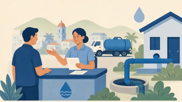 Persona recibe orientación en una oficina municipal sobre un servicio de agua, con una vivienda, tubería y carro cisterna al fondo.