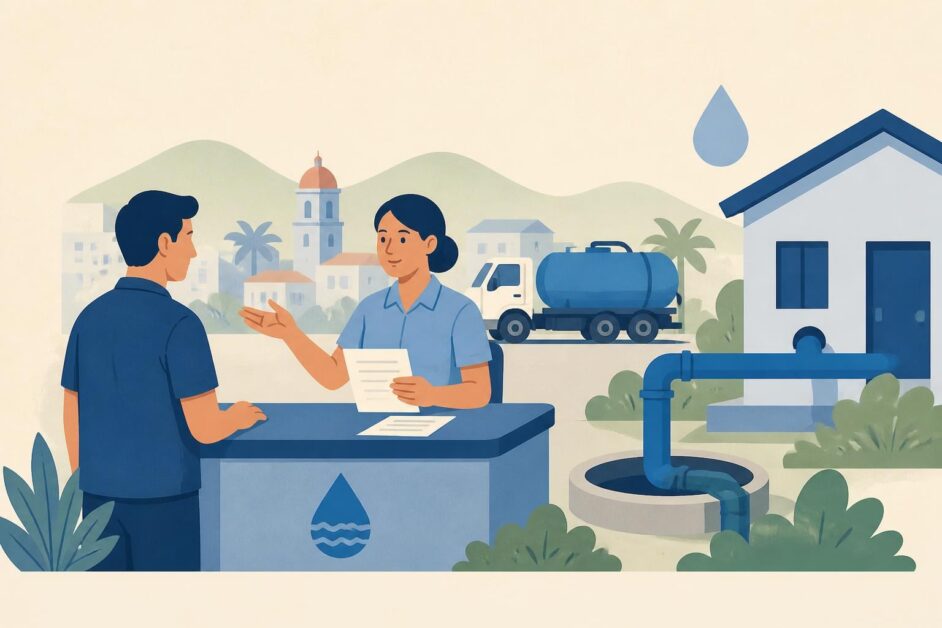 Persona recibe orientación en una oficina municipal sobre un servicio de agua, con una vivienda, tubería y carro cisterna al fondo.