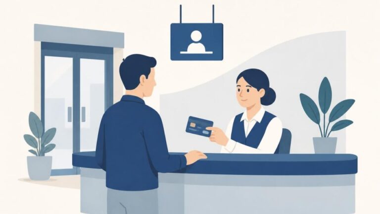 Persona consulta en un mostrador bancario sobre una tarjeta prepago.