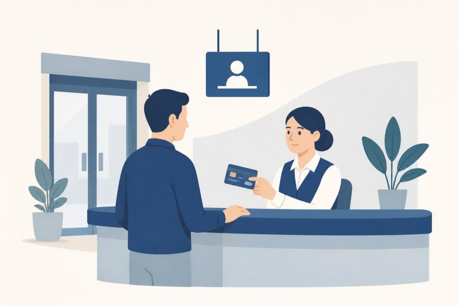Persona consulta en un mostrador bancario sobre una tarjeta prepago.