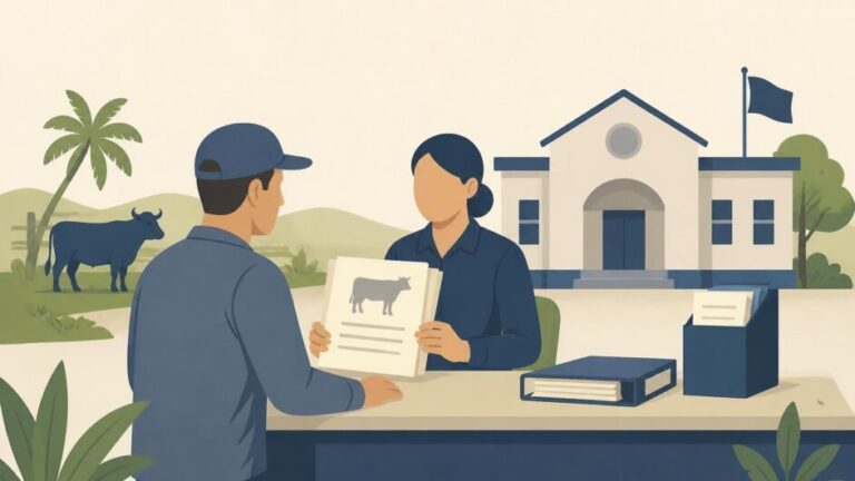 Persona consulta un expediente de ganado con una trabajadora en una oficina municipal.