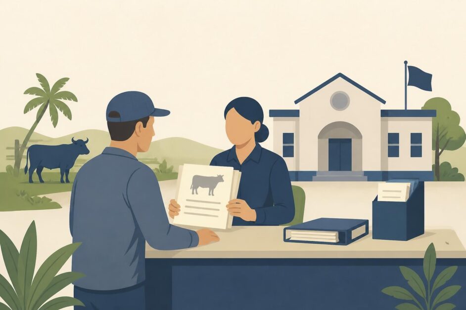 Persona consulta un expediente de ganado con una trabajadora en una oficina municipal.