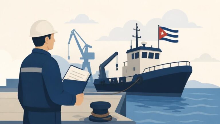 Inspector naval revisando una embarcación de trabajo atracada en un puerto cubano.