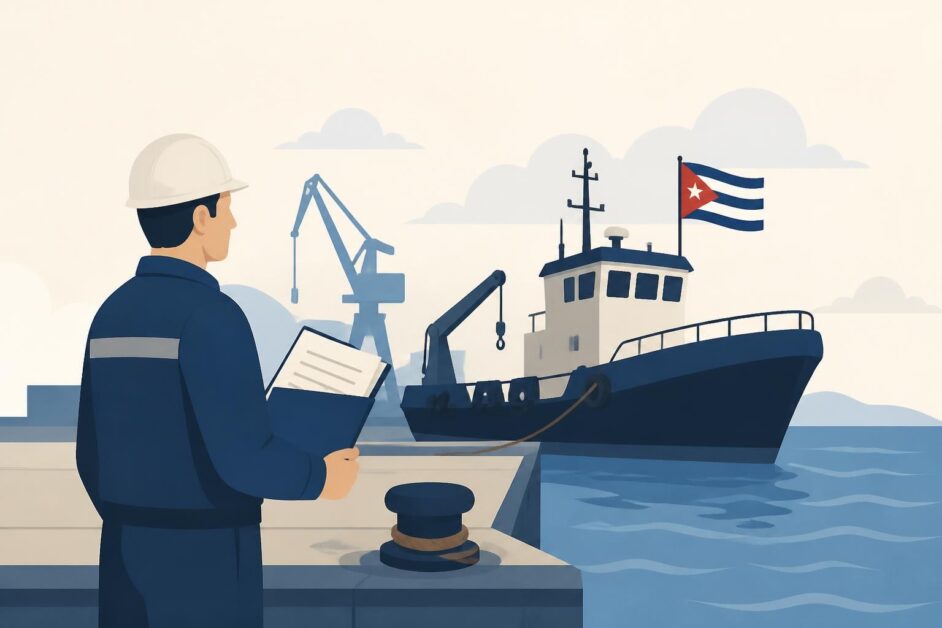 Inspector naval revisando una embarcación de trabajo atracada en un puerto cubano.