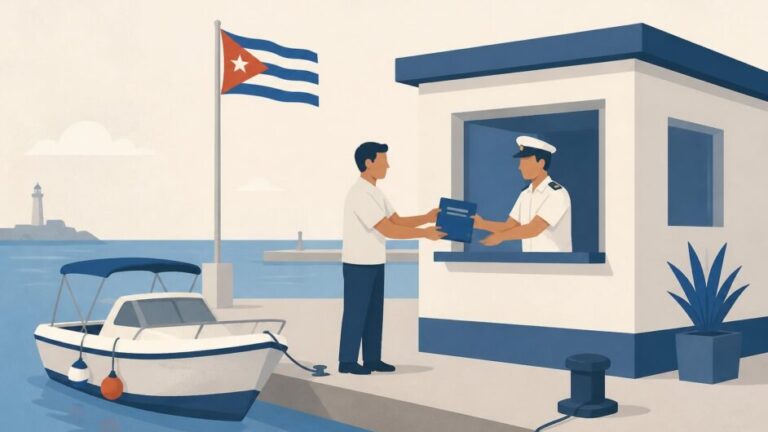 Persona entrega una carpeta en una oficina junto a un muelle con una embarcación y una bandera cubana.