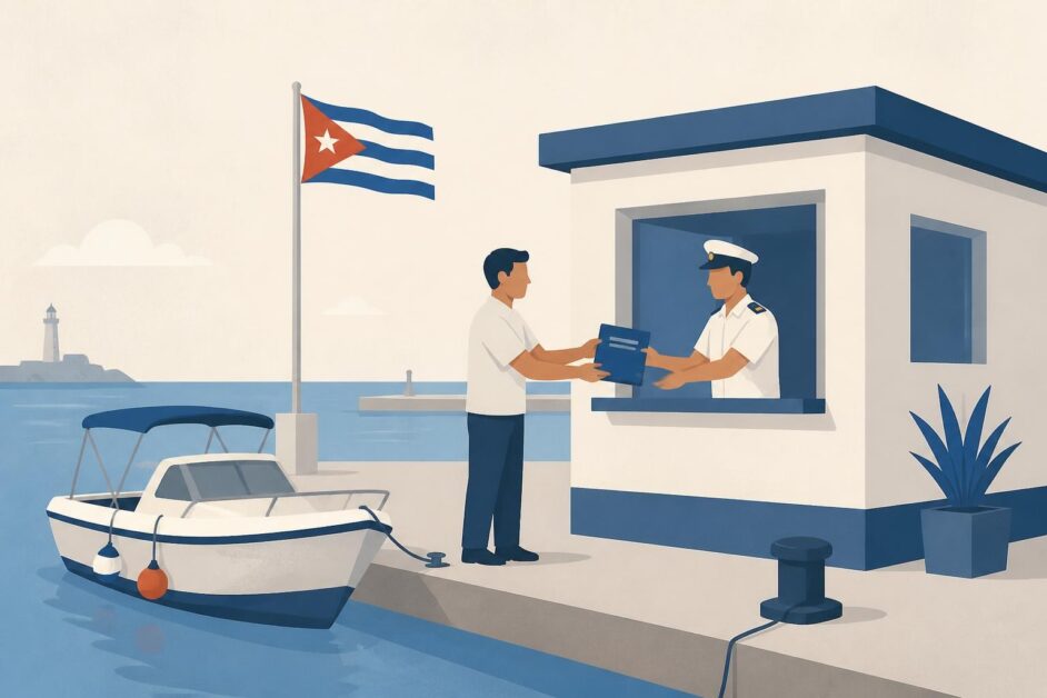 Persona entrega una carpeta en una oficina junto a un muelle con una embarcación y una bandera cubana.