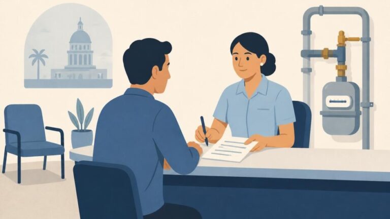 Persona entrega documentos a una trabajadora en una oficina de gas, con un medidor al fondo.