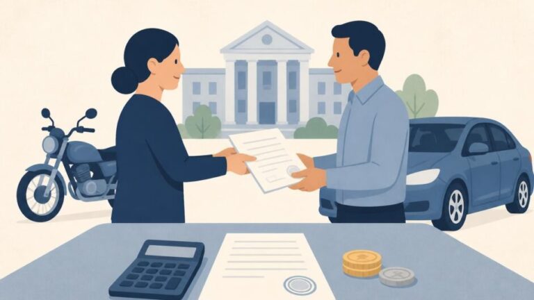 Dos personas revisan documentos y una calculadora junto a un automóvil para transferir su propiedad.