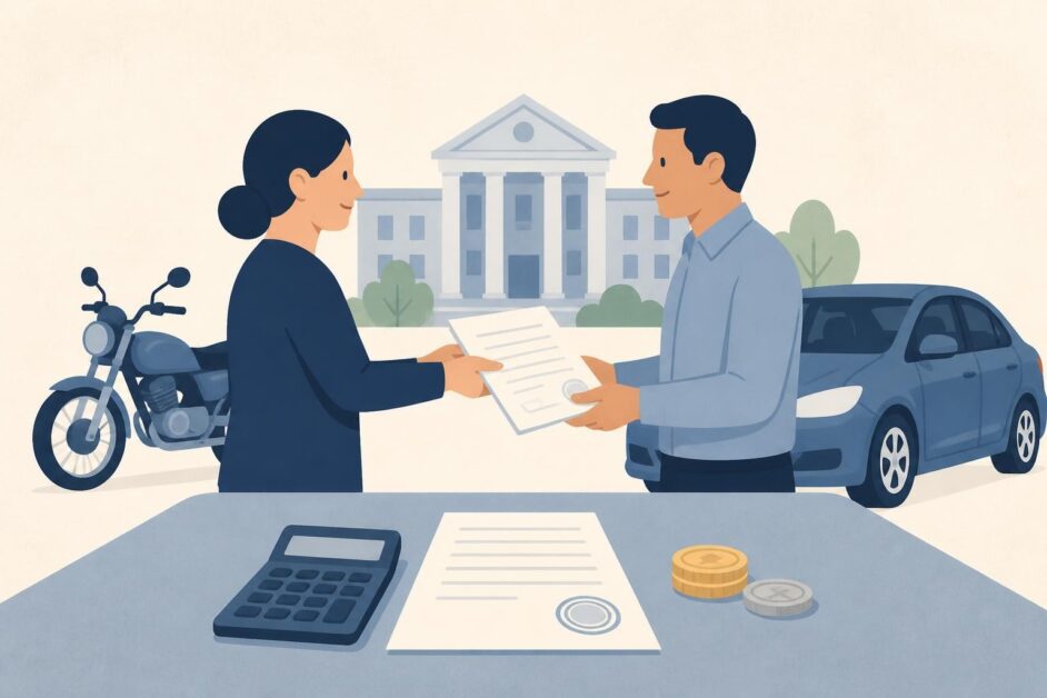Dos personas revisan documentos y una calculadora junto a un automóvil para transferir su propiedad.