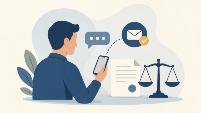 Persona usando un teléfono para enviar una consulta jurídica junto a un documento y una balanza de justicia.