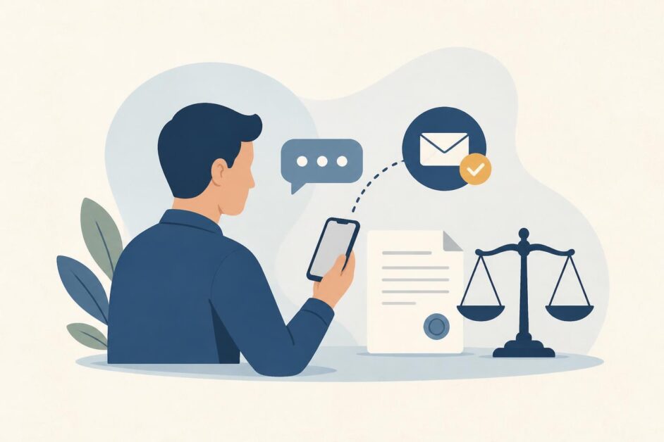 Persona usando un teléfono para enviar una consulta jurídica junto a un documento y una balanza de justicia.