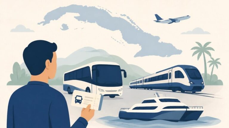 Persona con boleto frente a un ómnibus, un tren y un catamarán que representan el transporte nacional cubano.
