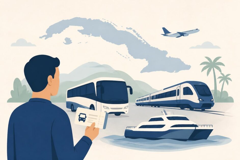 Persona con boleto frente a un ómnibus, un tren y un catamarán que representan el transporte nacional cubano.
