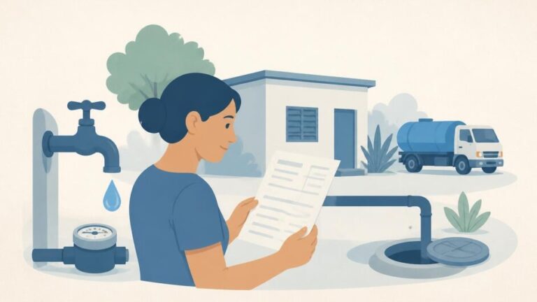 Persona junto a una vivienda revisa una factura de agua, con grifo, tubería y camión cisterna.