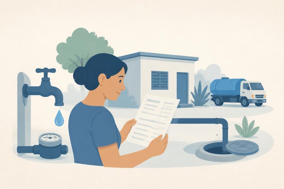 Persona junto a una vivienda revisa una factura de agua, con grifo, tubería y camión cisterna.