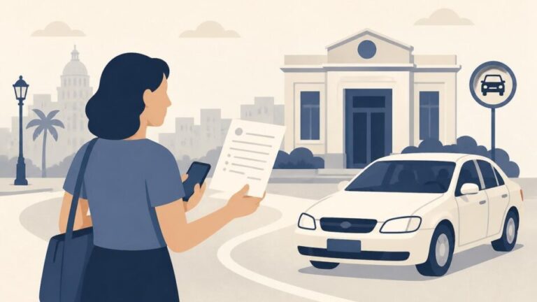 Pasajera usa un teléfono junto a un automóvil de transporte privado frente a una oficina pública.