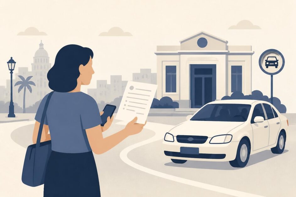 Pasajera usa un teléfono junto a un automóvil de transporte privado frente a una oficina pública.