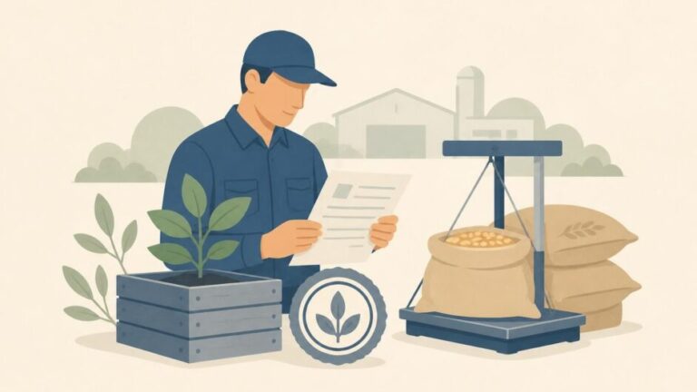 Productor consulta servicios fitosanitarios junto a plantas, granos y embalaje de madera.