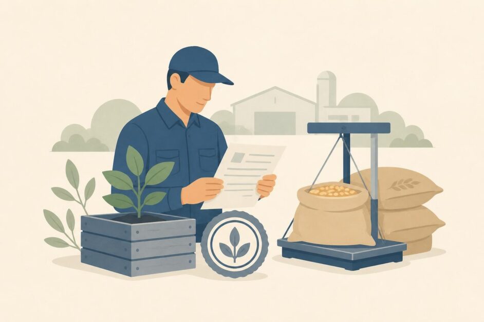 Productor consulta servicios fitosanitarios junto a plantas, granos y embalaje de madera.