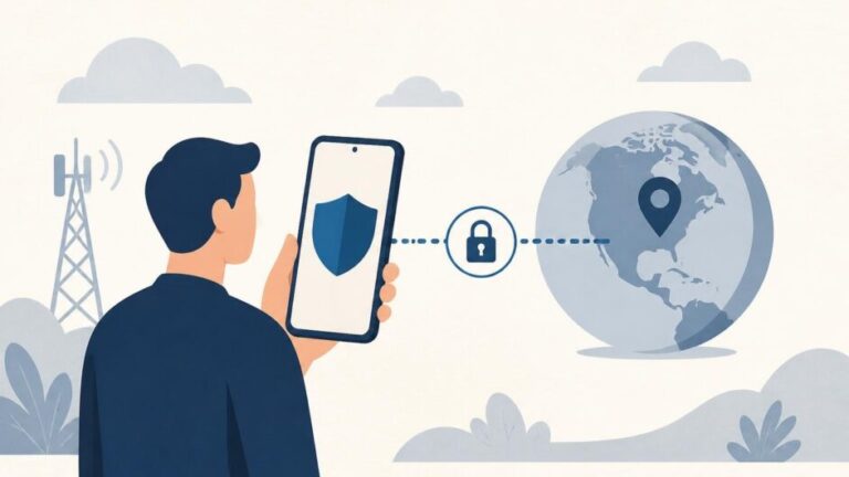 Persona conecta un teléfono Android a una red VPN protegida representada por un escudo y un globo terráqueo.