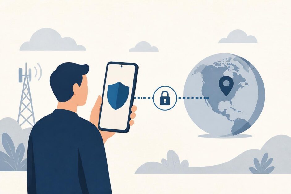 Persona conecta un teléfono Android a una red VPN protegida representada por un escudo y un globo terráqueo.