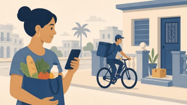 Persona recibe una bolsa de alimentos de un repartidor en bicicleta mientras consulta su teléfono.