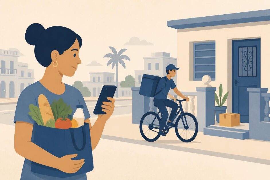 Persona recibe una bolsa de alimentos de un repartidor en bicicleta mientras consulta su teléfono.