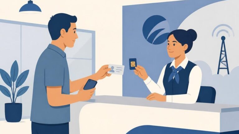 Persona adulta recibe una tarjeta SIM y un teléfono móvil en un mostrador de atención.