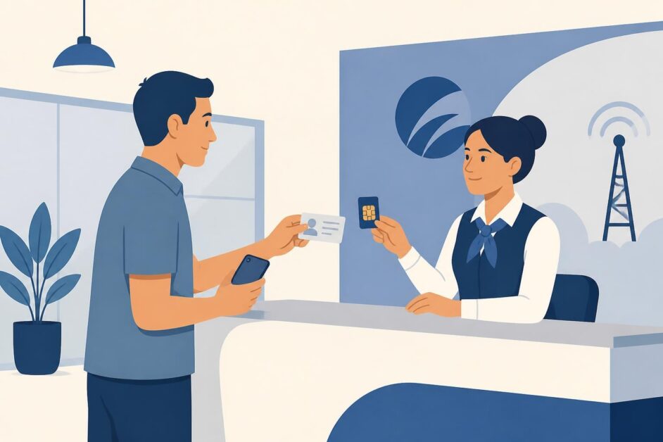 Persona adulta recibe una tarjeta SIM y un teléfono móvil en un mostrador de atención.