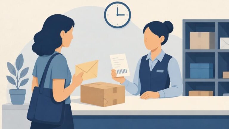 Persona entrega documentos y un paquete a un empleado en una oficina postal.