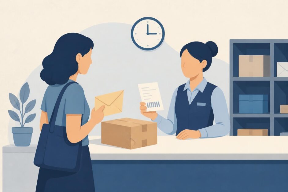Persona entrega documentos y un paquete a un empleado en una oficina postal.