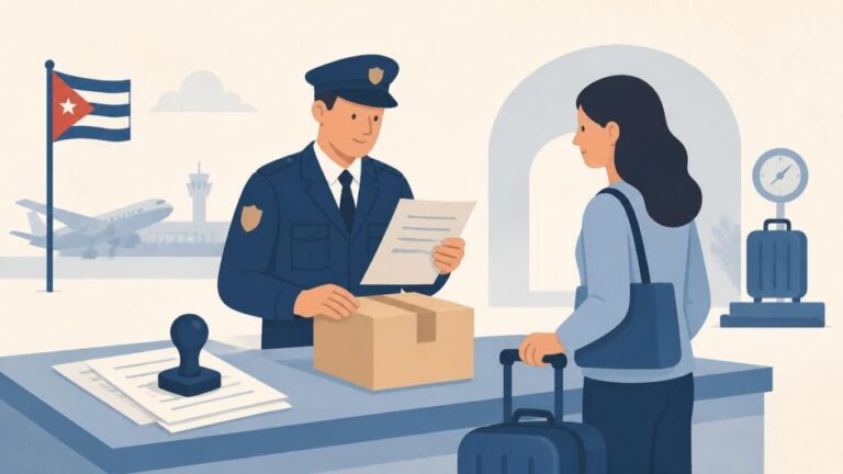 Oficial de aduanas revisa documentos junto a una viajera, una maleta y una caja de envío en una terminal.