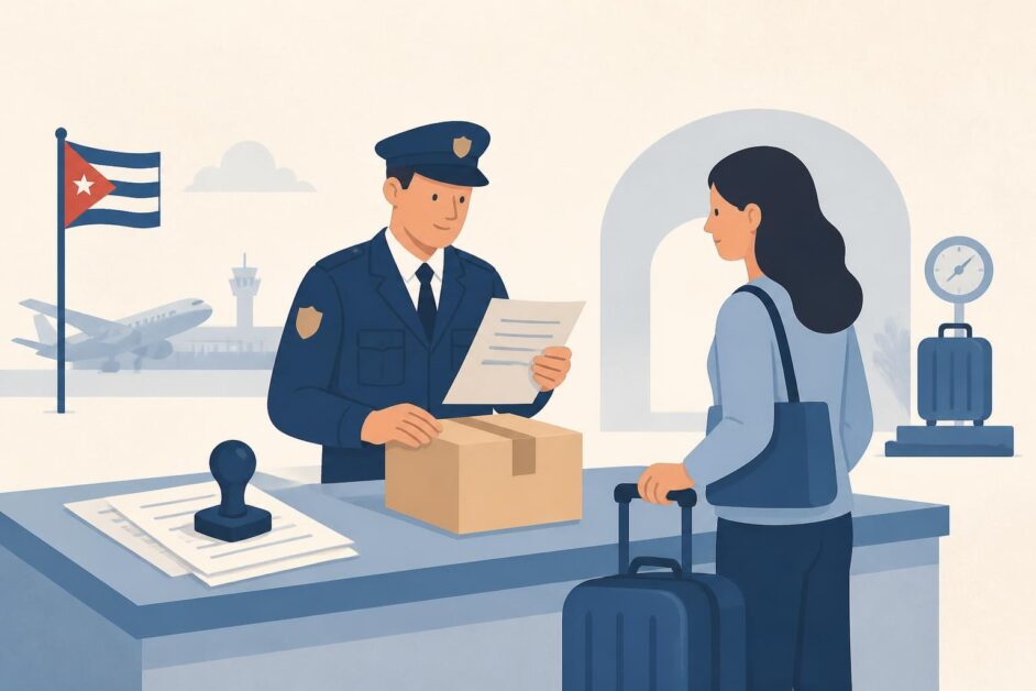 Oficial de aduanas revisa documentos junto a una viajera, una maleta y una caja de envío en una terminal.