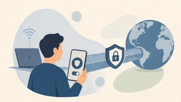Persona usa un teléfono conectado a Internet mediante un túnel protegido hacia un globo terráqueo.