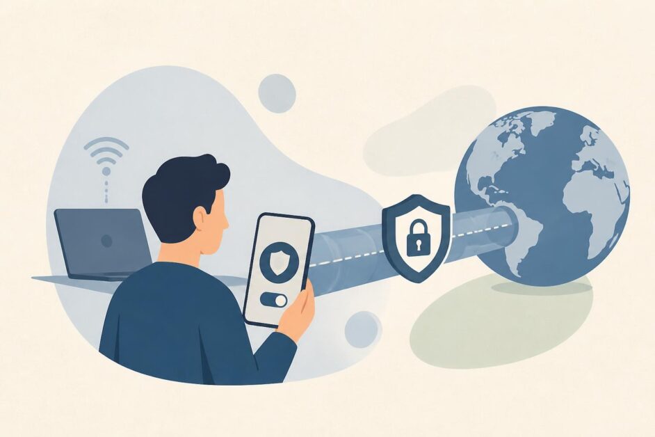 Persona usa un teléfono conectado a Internet mediante un túnel protegido hacia un globo terráqueo.