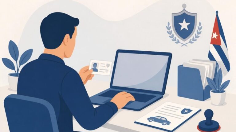 Persona ante una computadora con una tarjeta de identidad y un documento de vehículo.