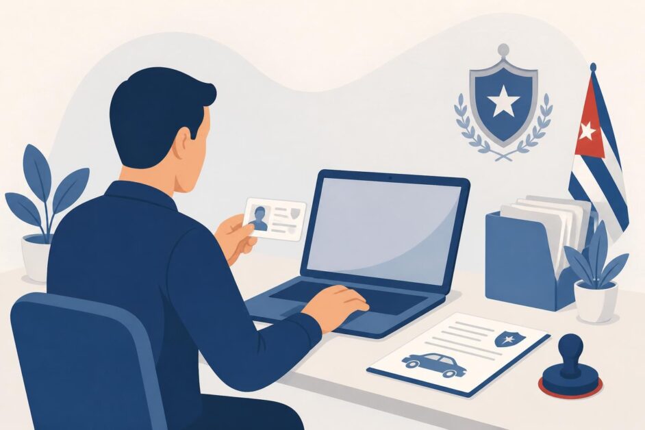 Persona ante una computadora con una tarjeta de identidad y un documento de vehículo.