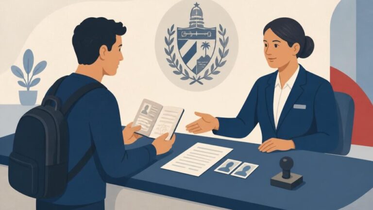 Persona extranjera entrega pasaporte y documentos a un empleado en una oficina migratoria cubana.