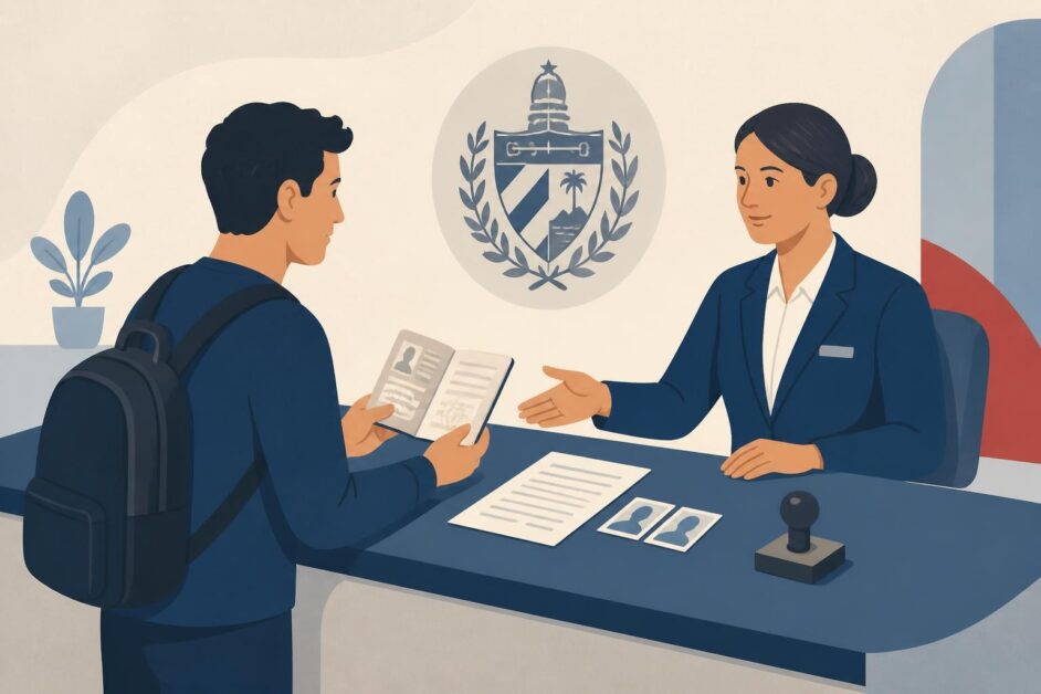 Persona extranjera entrega pasaporte y documentos a un empleado en una oficina migratoria cubana.