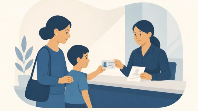Adulto y menor entregan documentos en el mostrador de una oficina de identificación.