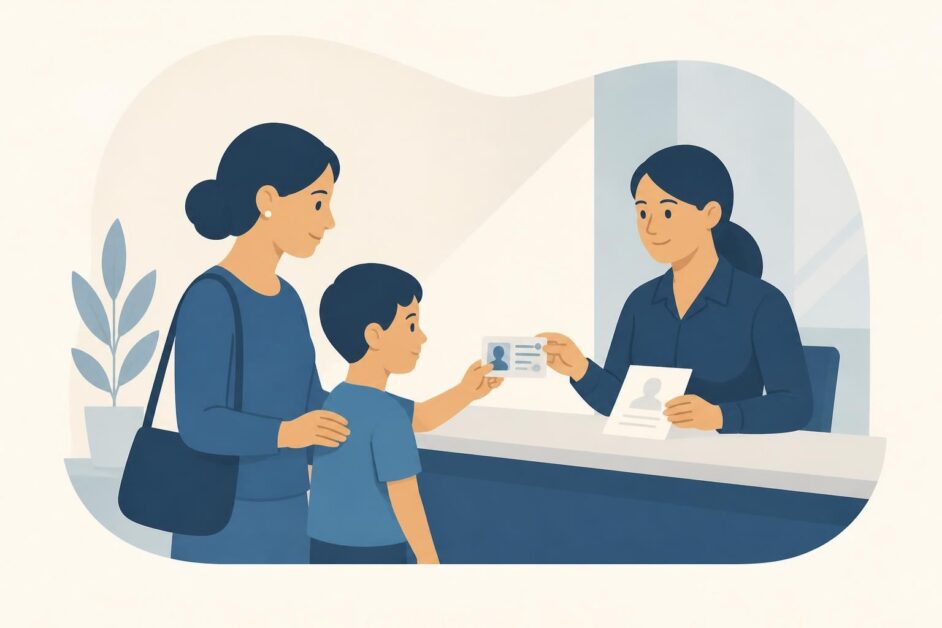 Adulto y menor entregan documentos en el mostrador de una oficina de identificación.