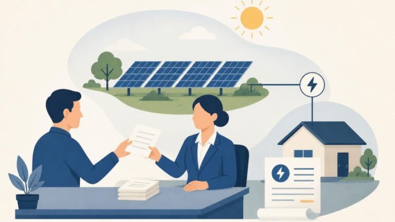 Persona formaliza un contrato eléctrico mientras un parque solar suministra energía a una vivienda.