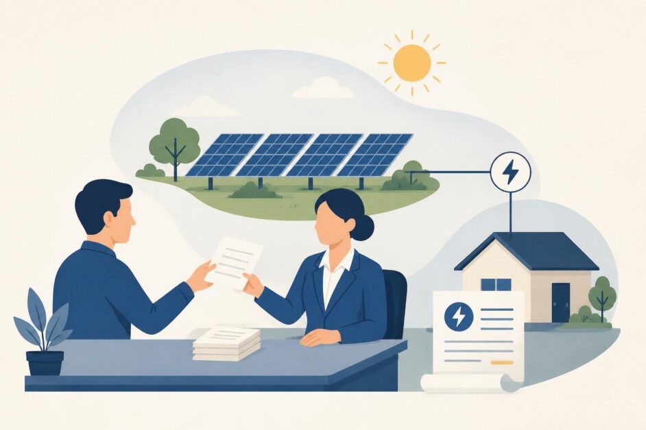 Persona formaliza un contrato eléctrico mientras un parque solar suministra energía a una vivienda.