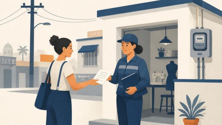 Persona entrega documentos para contratar la tarifa eléctrica de un negocio ubicado en una vivienda.