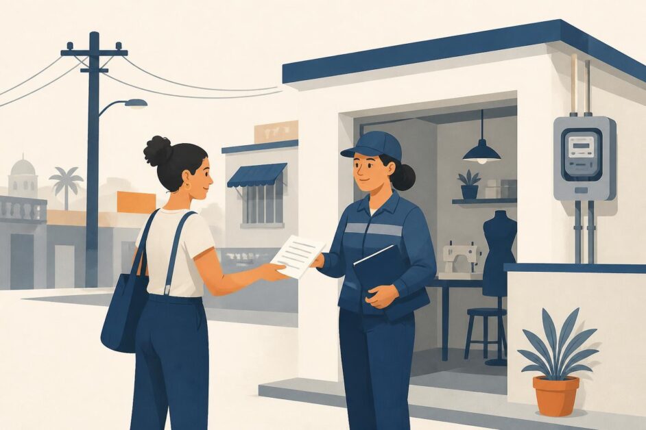 Persona entrega documentos para contratar la tarifa eléctrica de un negocio ubicado en una vivienda.