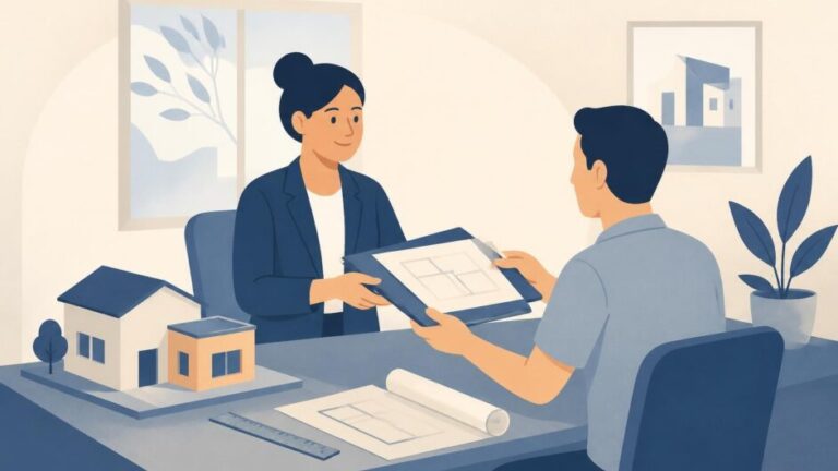 Persona entrega planos de ampliación de vivienda a una arquitecta en una oficina.