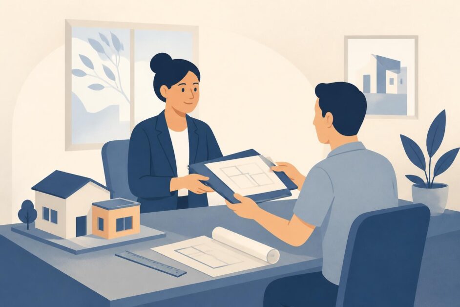 Persona entrega planos de ampliación de vivienda a una arquitecta en una oficina.
